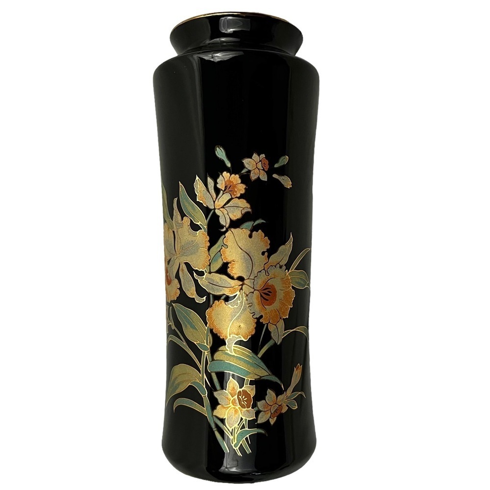 VINTAGE Tall Japanese floral stonewear vase